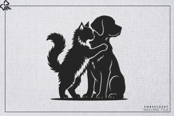 Cat Hugging Dog Embroidery