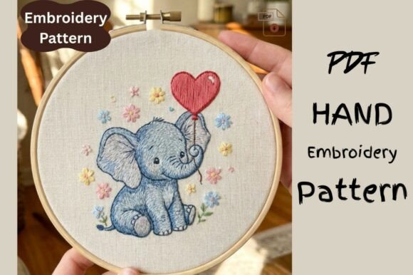 Elephant Embroidery Pattern, Heart Ballo