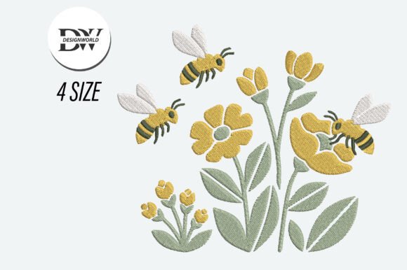 Honey Bee Wildflower Embroidery Design