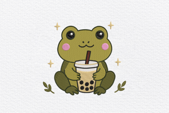 Kawaii Frog Bubble Tea Embroidery Design